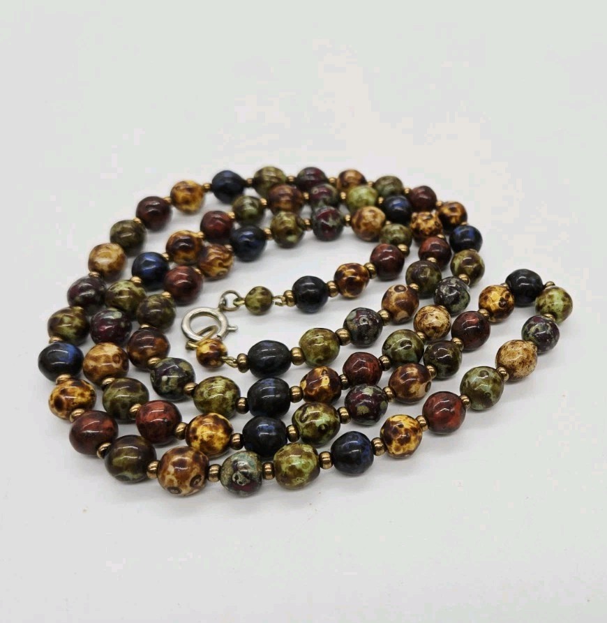 Vintage Faux Scottish Agate Stone Murano Glass Beaded Necklace Earth Tones 30 in