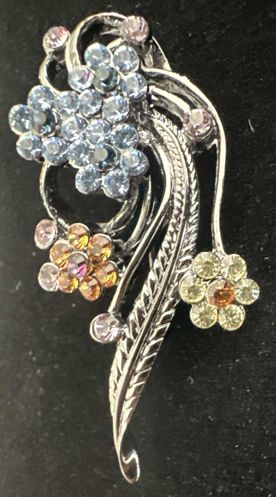 Vtg Flower Spray Brooch Pink Blue Yellow Red Orange Crystals Gunmetal Silver 2″
