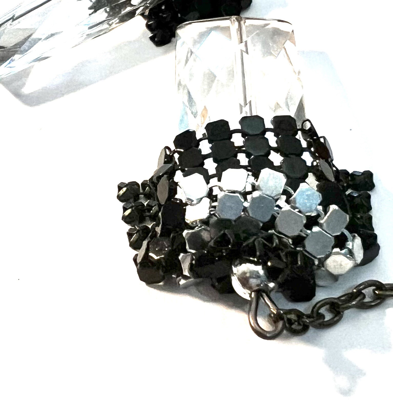 Vintage Retro Dangle Black And Silver Tone Metal Chain And Crystal Hook Earrings