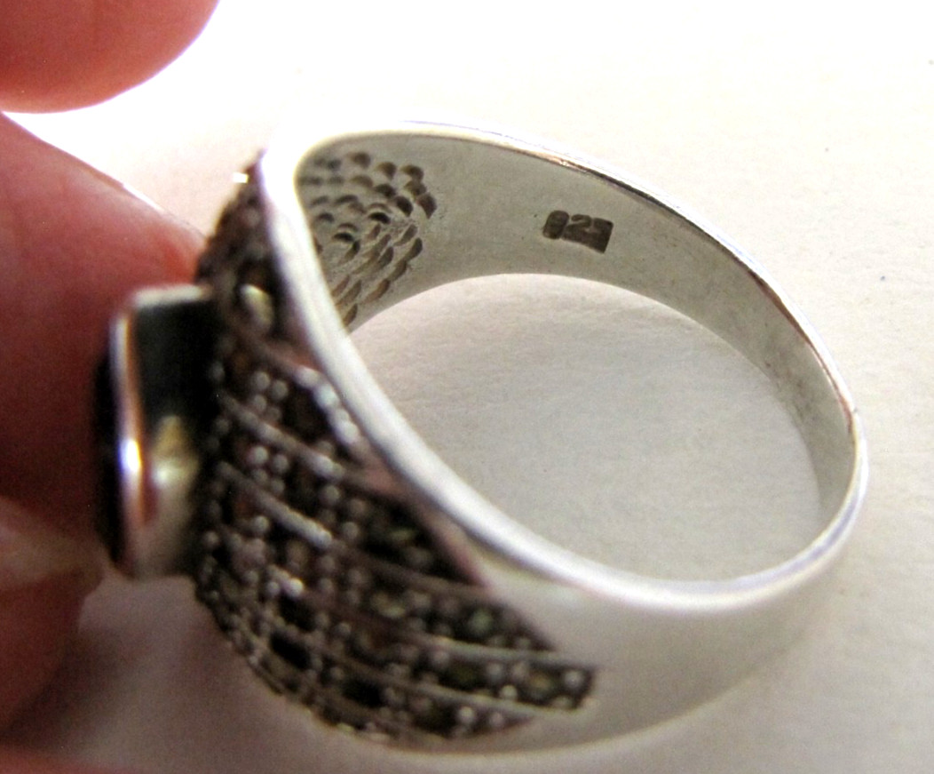 CW Sterling Silver Garnet Marcasite Ring Red Marquise Stone Missing Marcasites