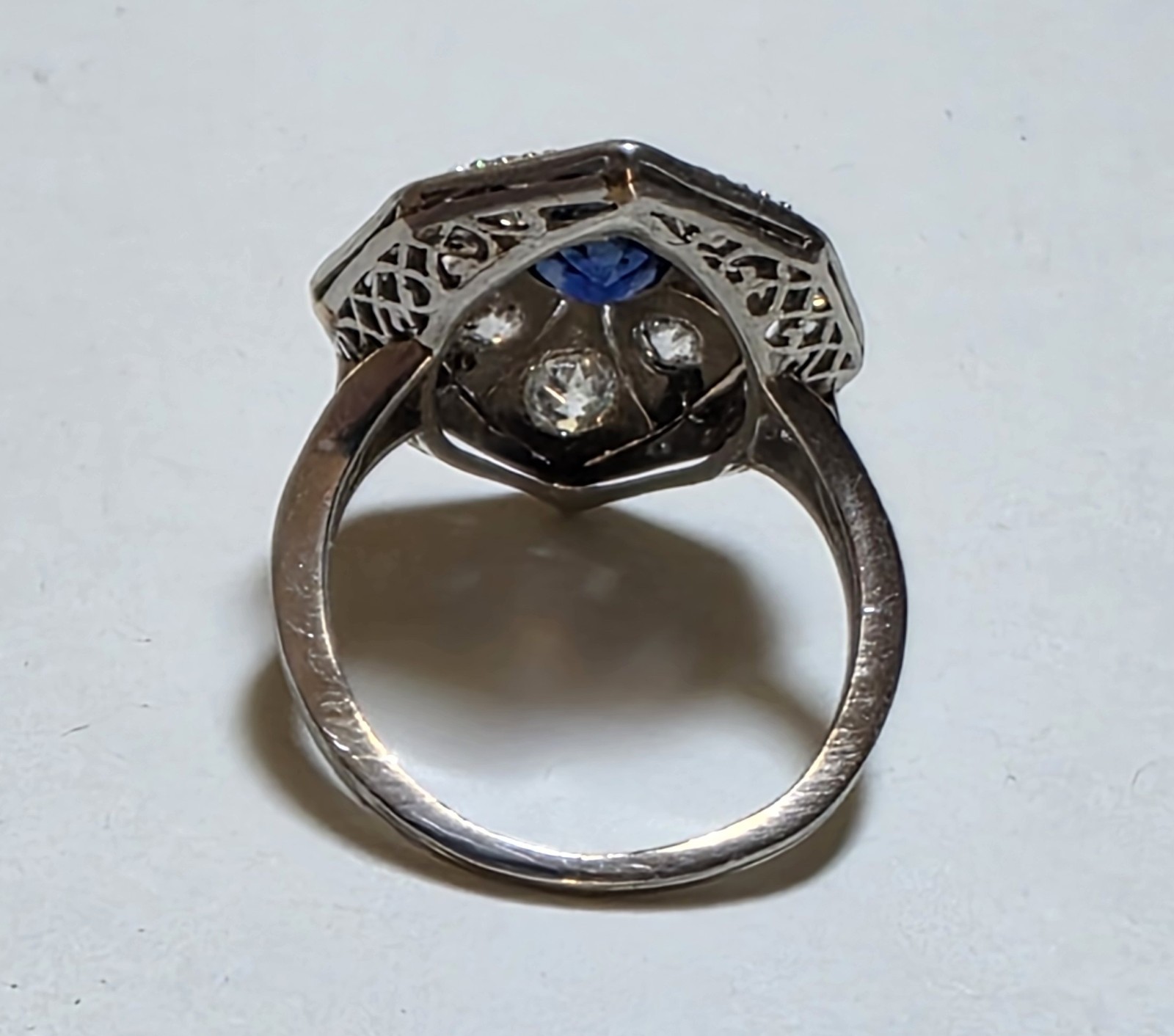 Antique Platinum Old European And Mine Cut Diamonds Blue Synthetic Sapphire Ring