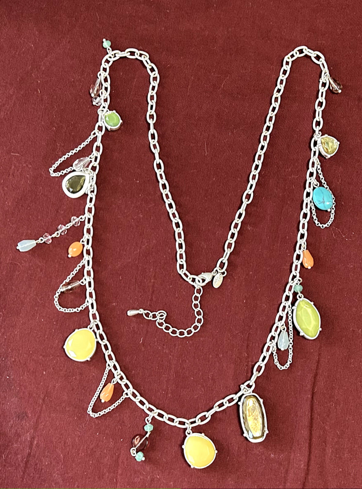 LIA SOPHIA Signed Vintage Necklace 36″ Yellow & Brown Lucite Dangles White Metal