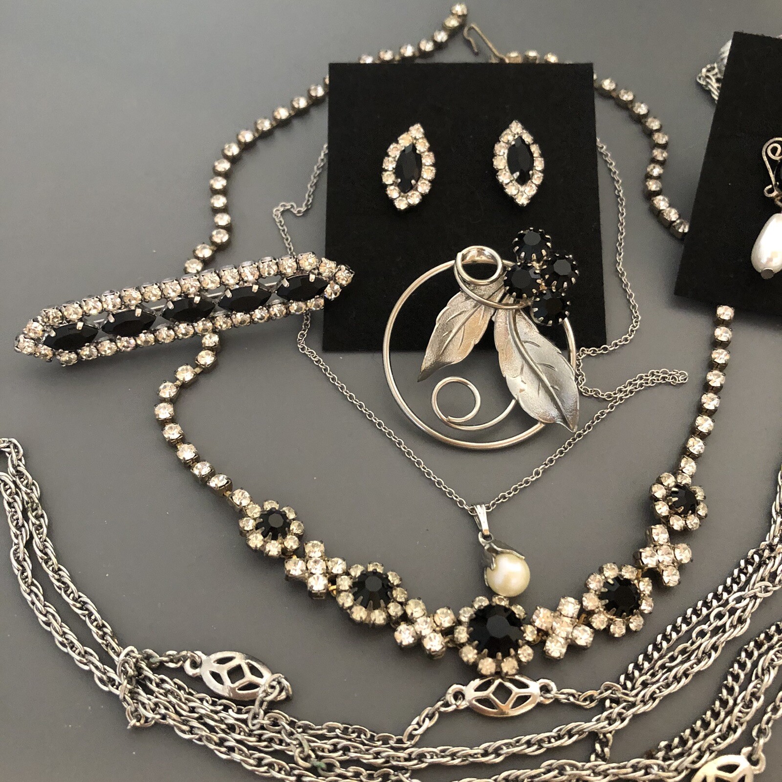 Vintage Art Deco Style Necklace Brooch Earrings Lot Of 7 Black Clear Rhinestone