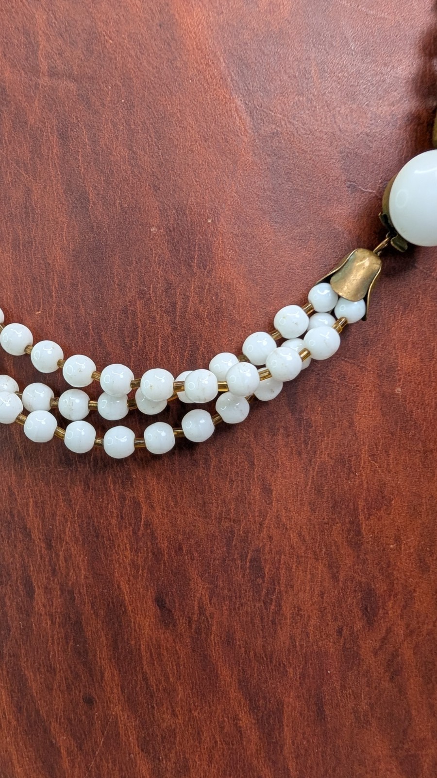 1950s Milk Glass Necklace Triple Strand With Brass Tulip Caps Glass Clasp 16.5in