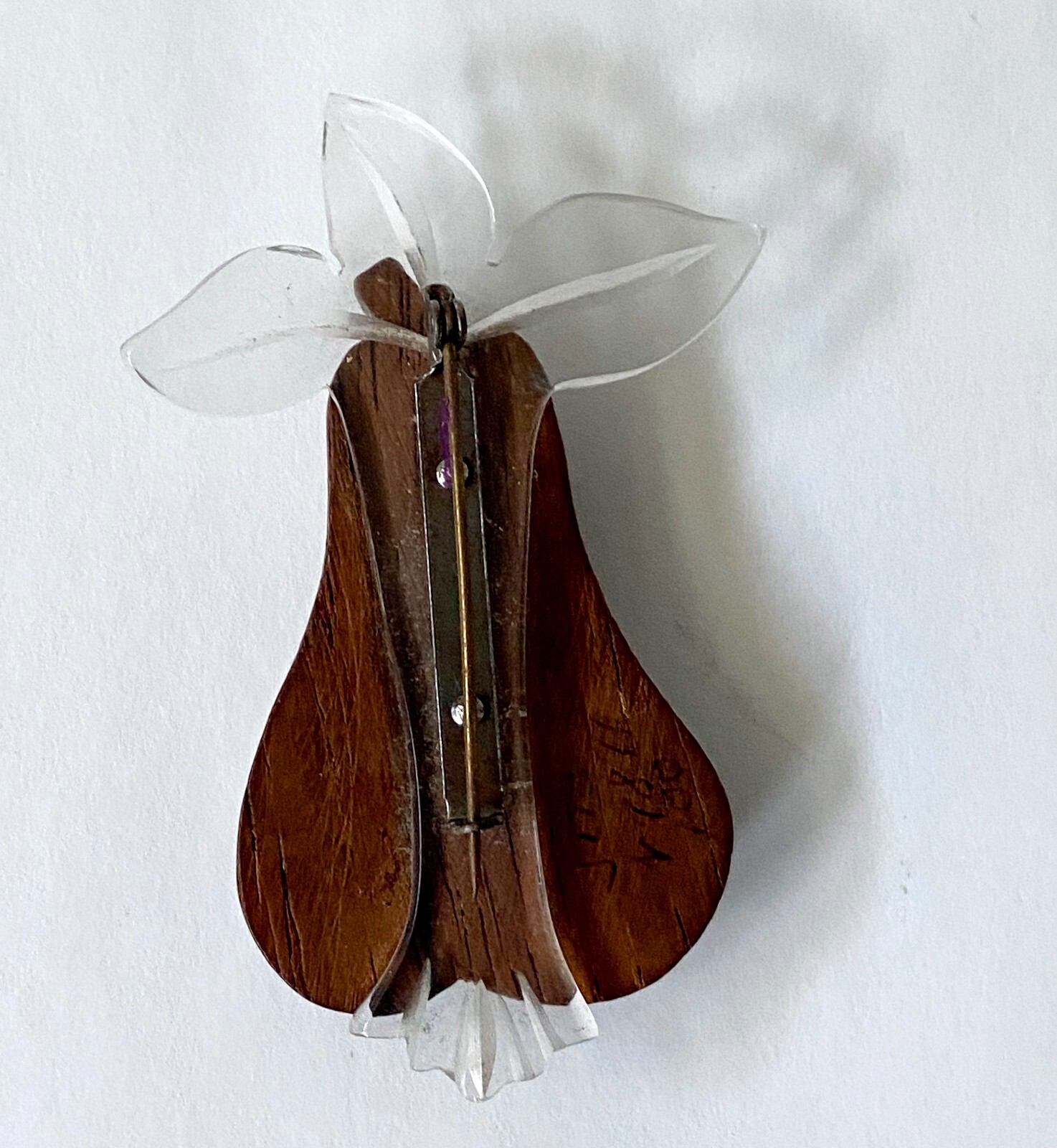 Vintage carved Lucite and Wood Pear Brooch