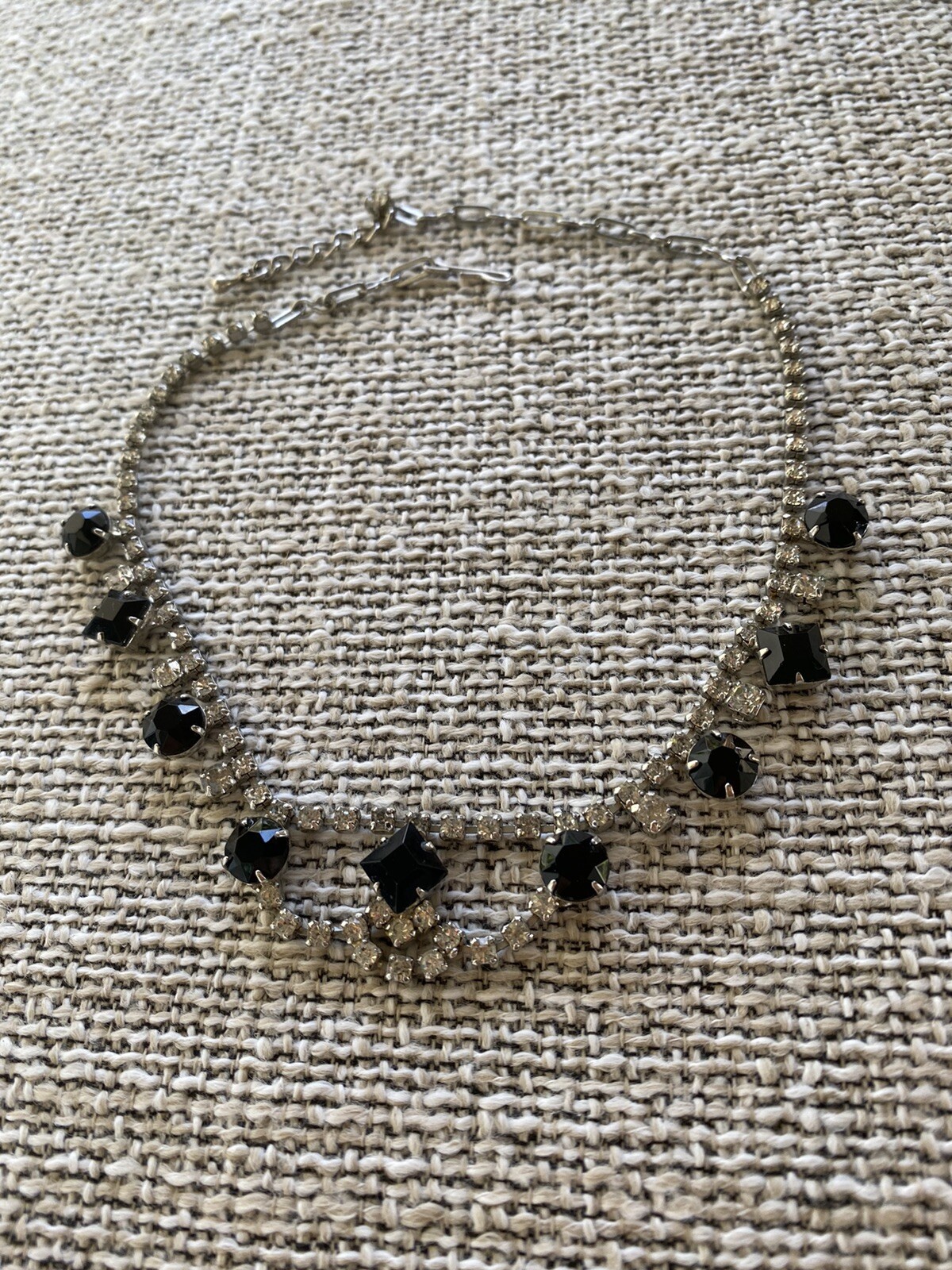 Vintage Chocker Necklace Hook Clasp 14” + 1” Rhinestones Clear Black
