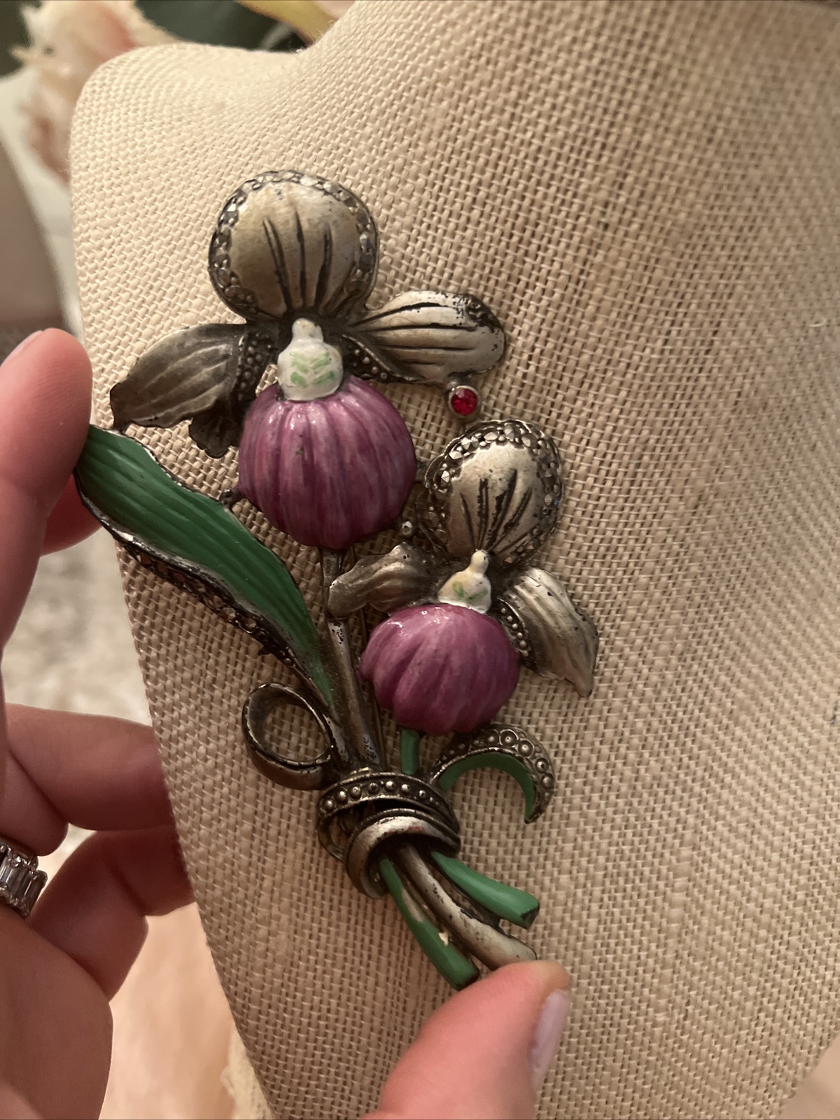 antique pin Flower Enamel Paint Rhinestone Marcasite Metal 4.25” brooch large