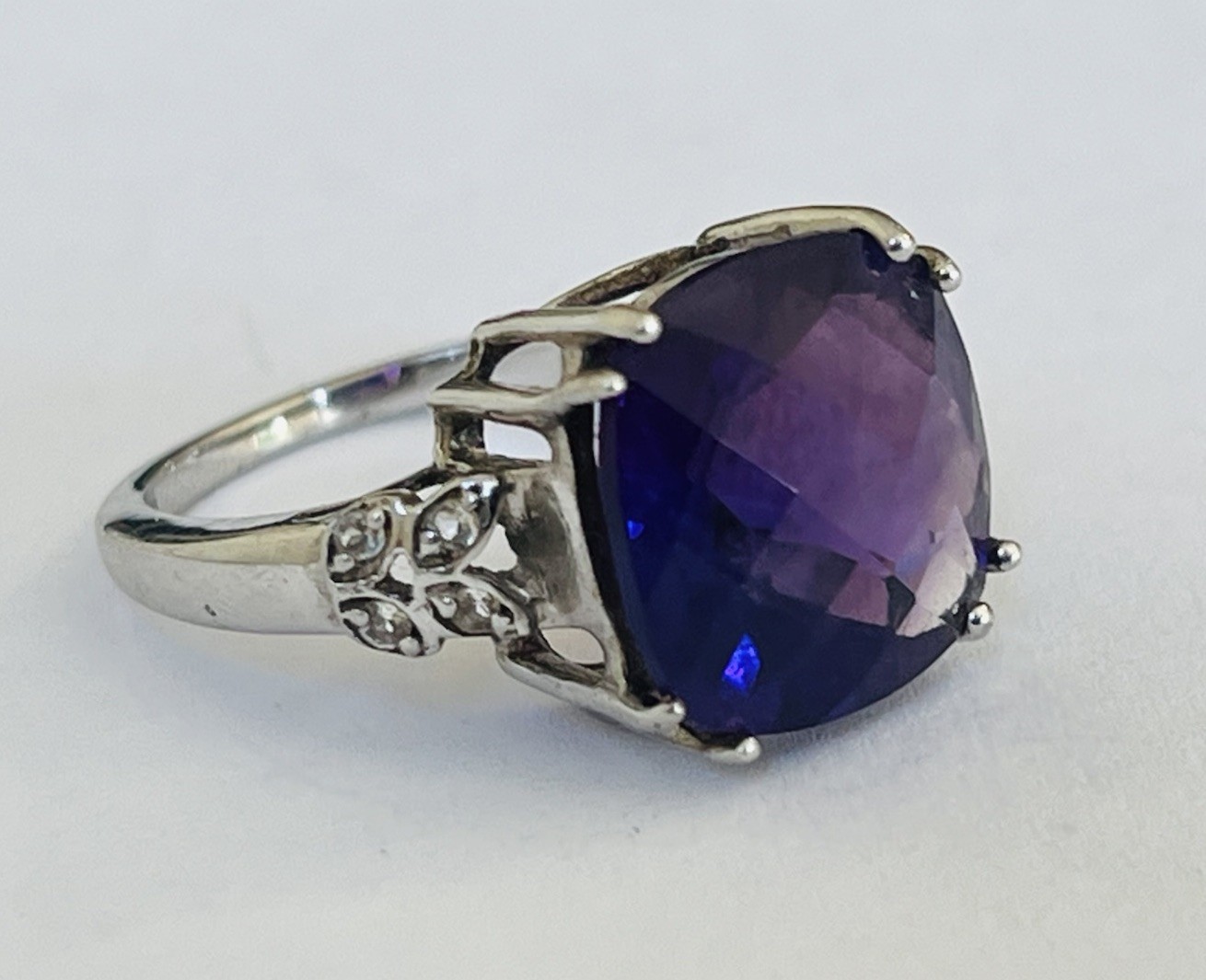 Designer BML Sterling Silver Cushion Cut Amethyst And White Topaz Ring Size 7