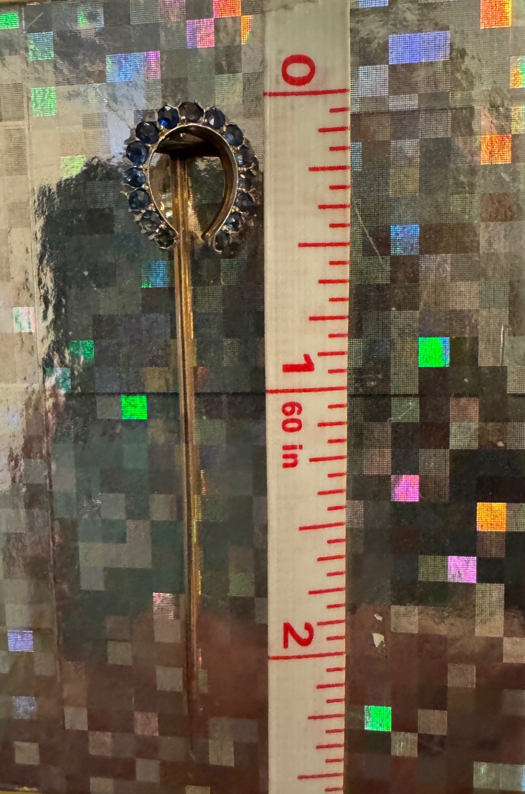 Antique 14K Y Gold Horseshoe Stick Pin w/ red garnet and blue glass 2.1 grams