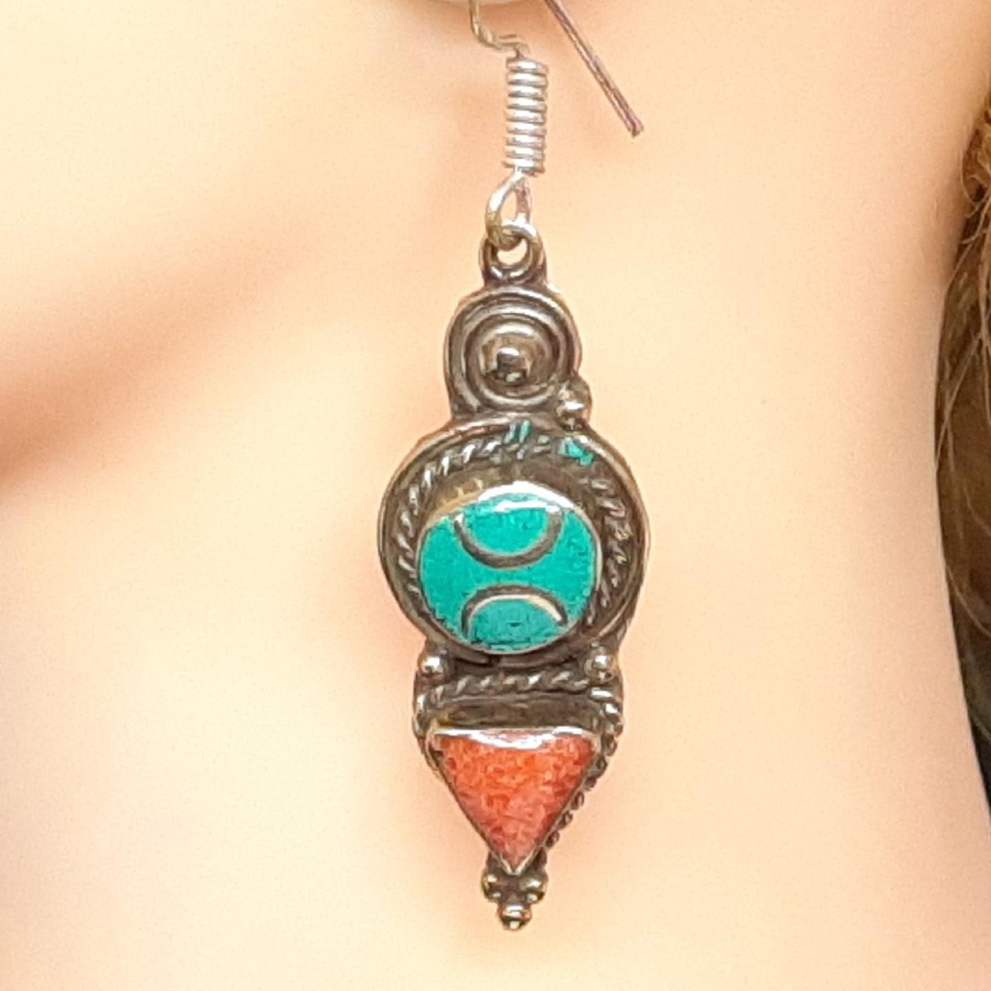 Vintage 12.00ctw Turquoise & Carnelian 925 Silver Dangle Earrings 21.4g