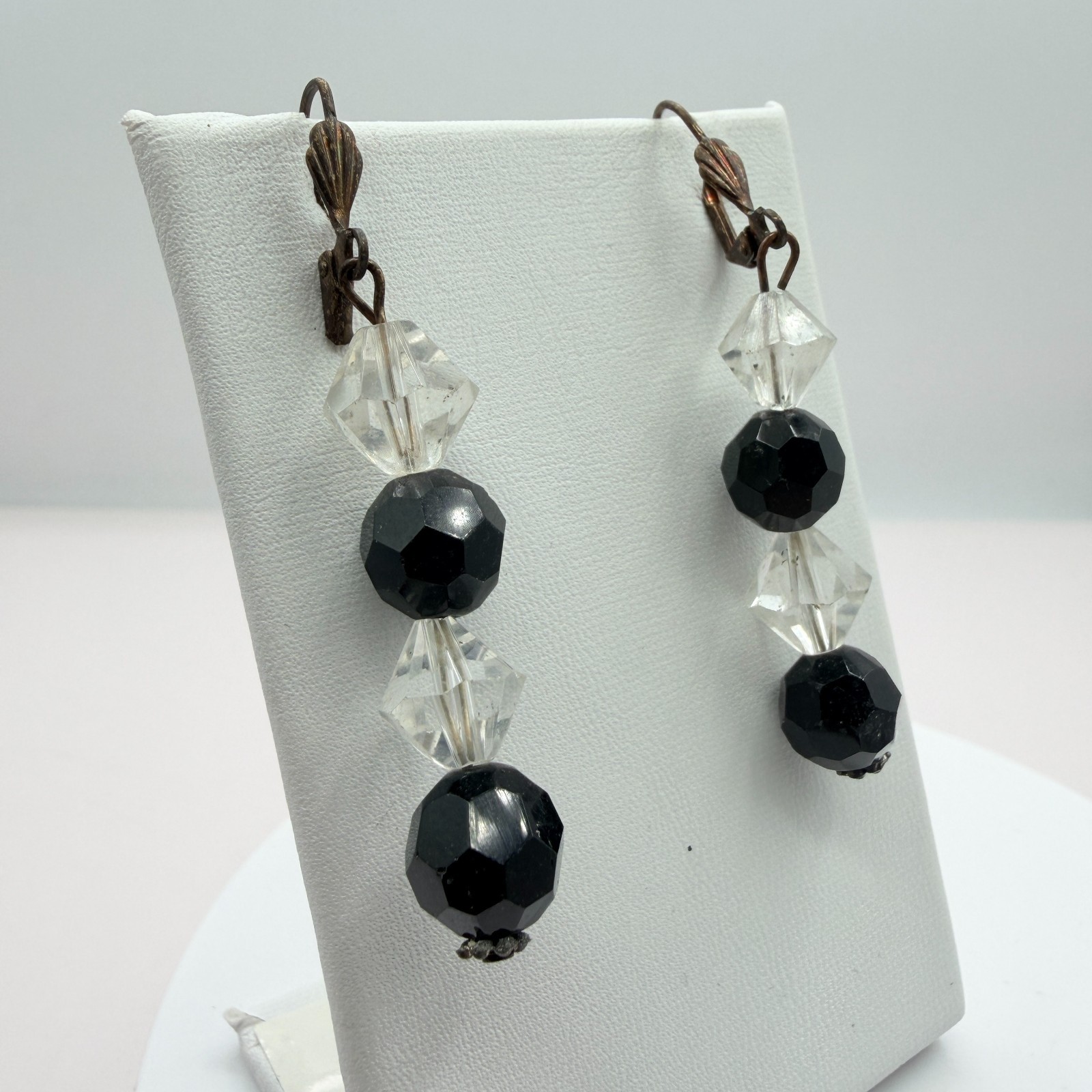 Vintage Black Clear Crystal Bead Necklace Bracelet Dangle Earrings Matching Set