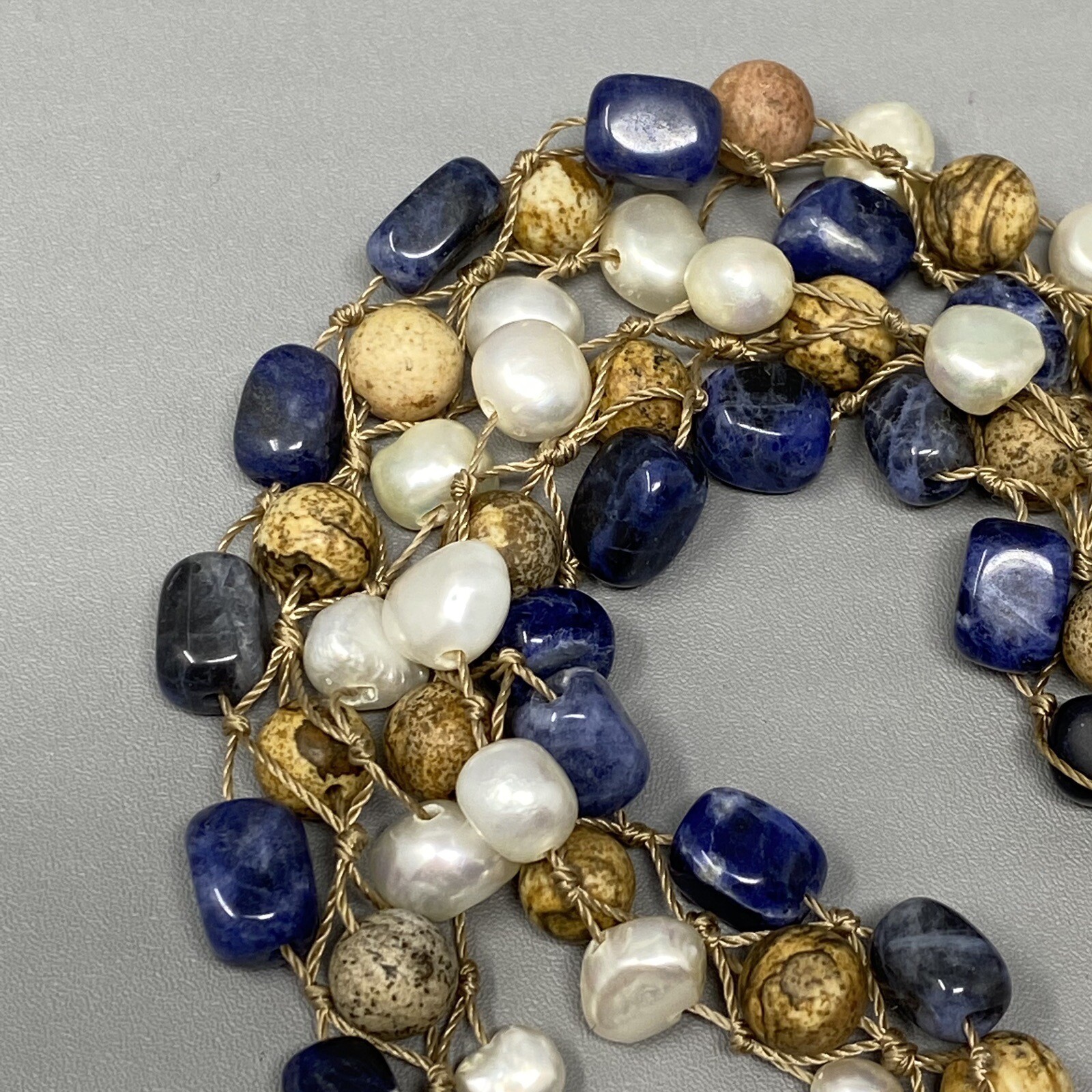 Coldwater Creek Necklace Jasper Sodalite Genuine Pearl Hand Knot Wrap Boho 20″