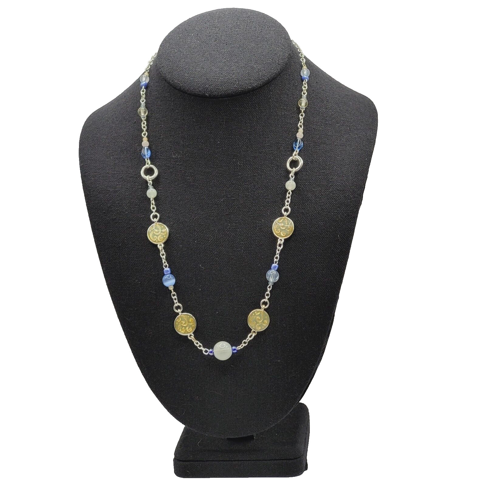 Blue & White Moonstone with Glass & Enamel Silver Tone Chain Necklace KR 24 Inch