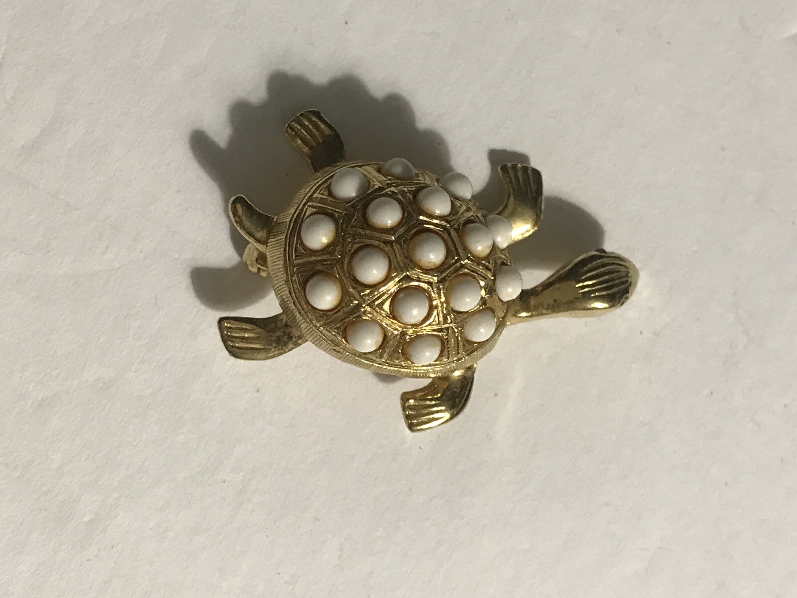 3D Tortoise Turtle Gold w/white Seed Beads BROOCH JEWELRY Vintage 1-1/2” Pin