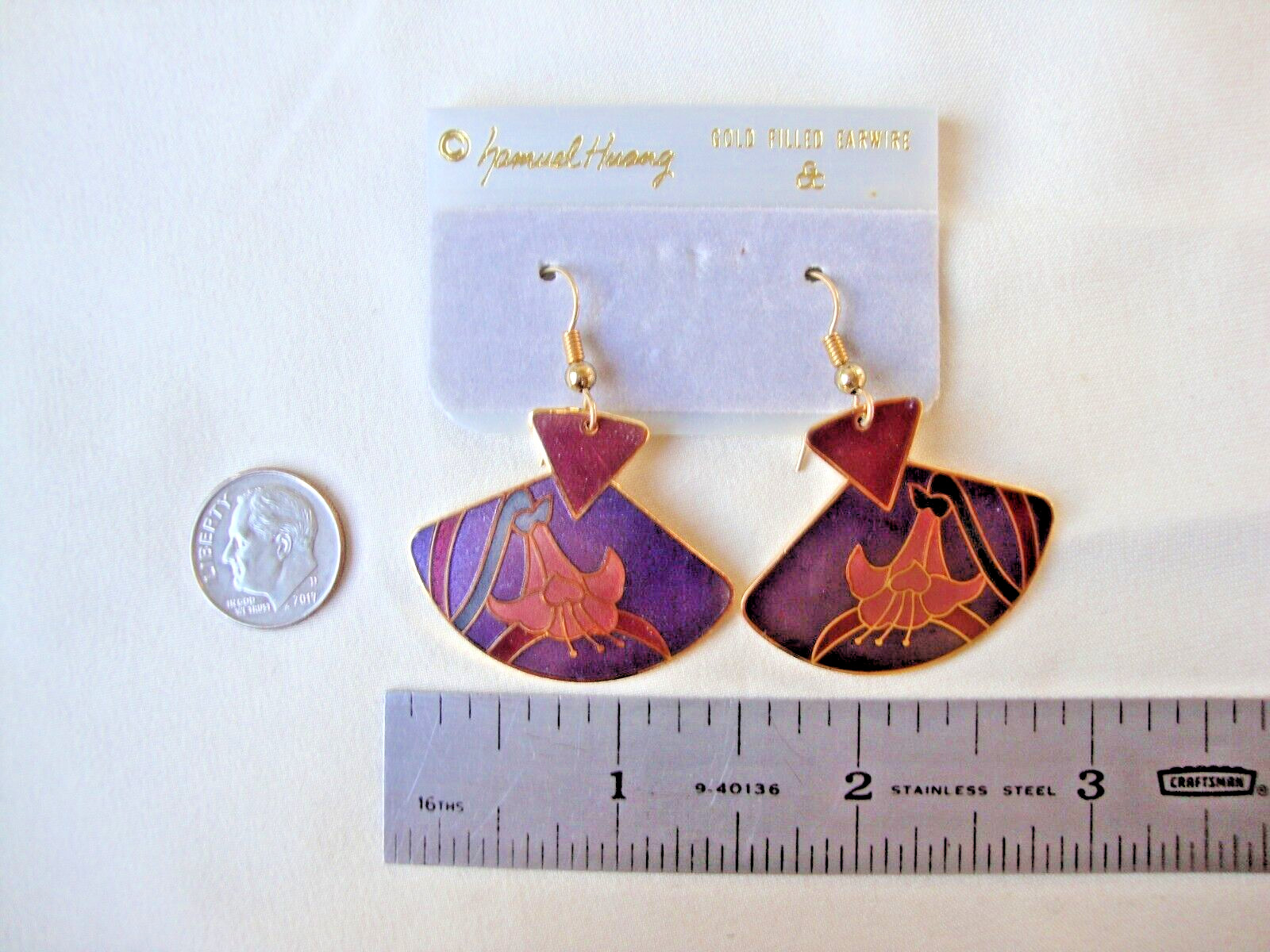 VINTAGE SAMUEL HUANG DESIGNER CLOISONNE LILLY PINK RED GREEN & PURPLE EARRINGS