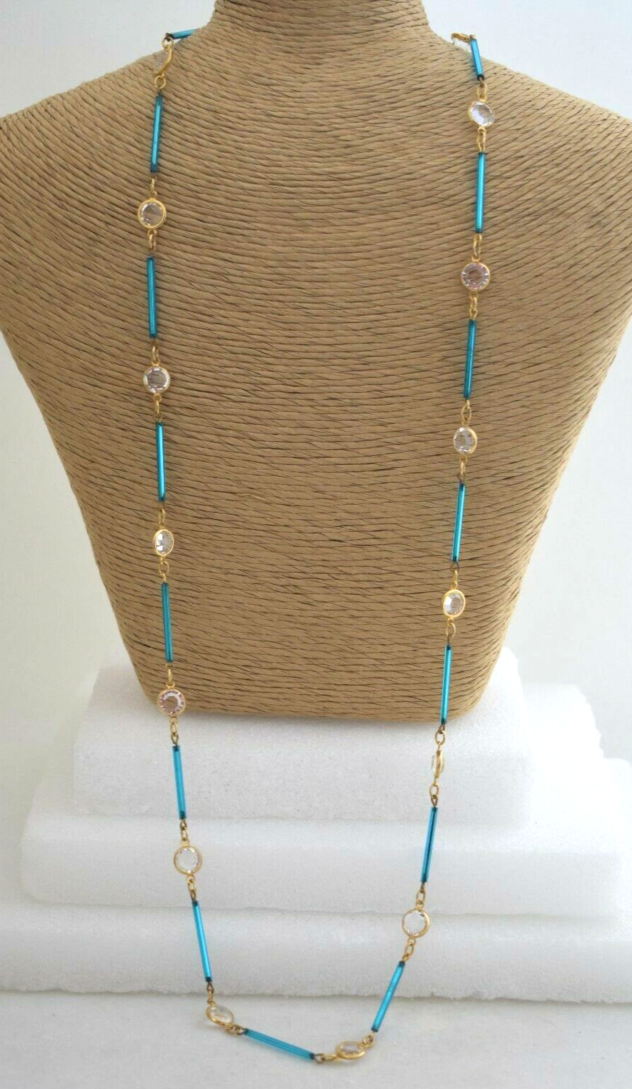 Vintage Austrian Crystal USA Long Beaded Necklace 36″ Rare Tube Beads Teal Blue