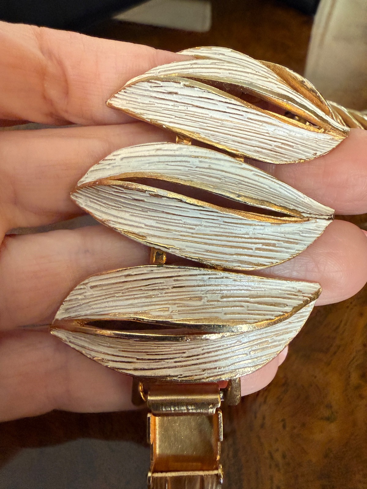 Vintage ART Modernist Bracelet Gold Tone White Enamel Brutalist Sculptural
