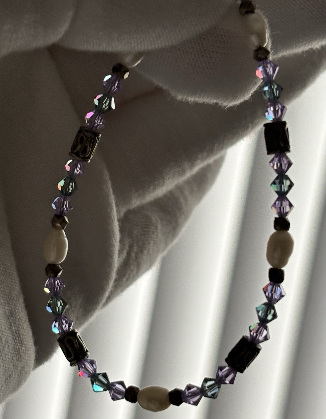 Vintage 925 Sterling Silver Teal and Purple Crystal, Pearl, Bead 7.25” Bracelet