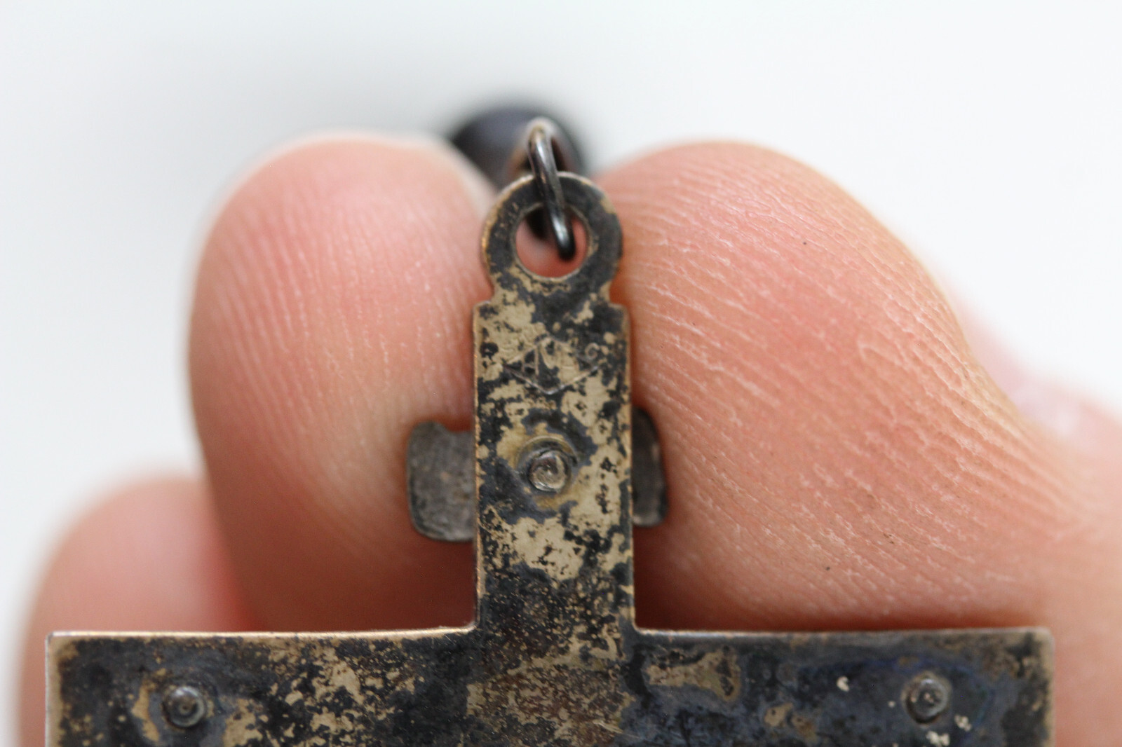 ANTIQUE ROSARY BLACK BEADS CROSS CRUCIFIX STERLING SILVER CHAIN 925 PRAYER