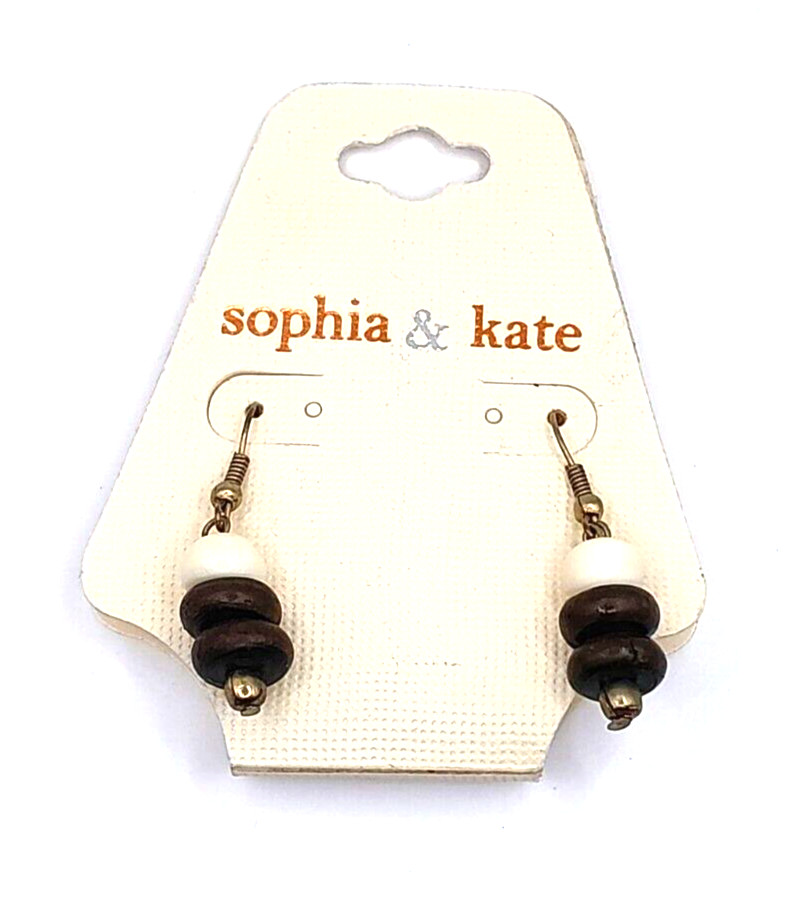 Sophia & Kate White Brown Wood Beaded 2″ Drop/Dangle Earrings New