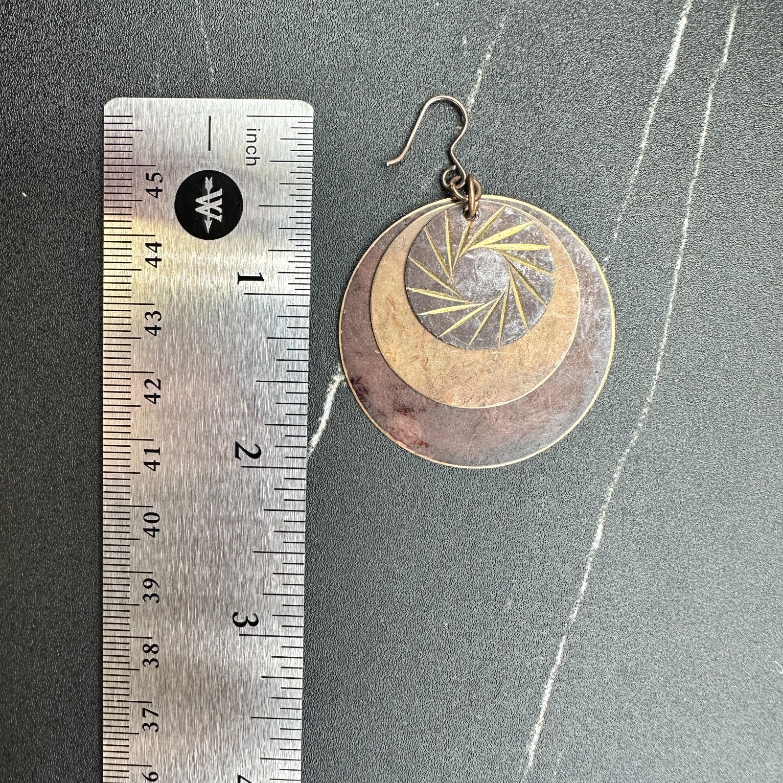 Vintage Brown Copper Layered Eyes shape Disks Dangle Earrings with 3 Disks 2 in