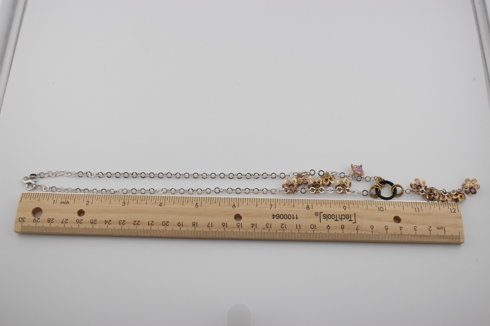 Sterling silver and gold over silver Y drop style necklace purple crystals 19″