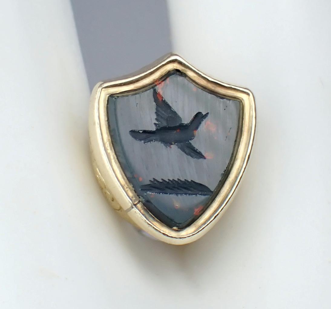 Fab Antique Georgian 9K Gold Bloodstone Floral Bird Pigeon Intaglio Seal Pendant