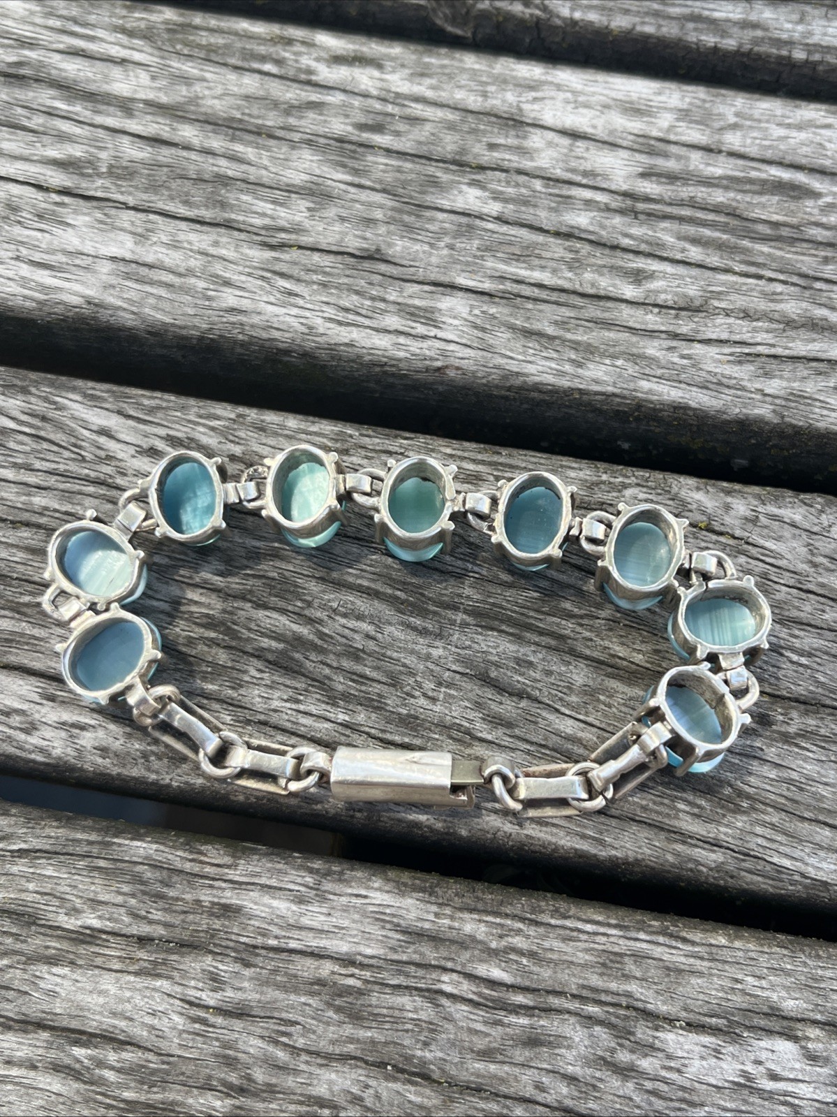 Vintage Blue Cats Eye Gem Stones Silver Bracelet Small
