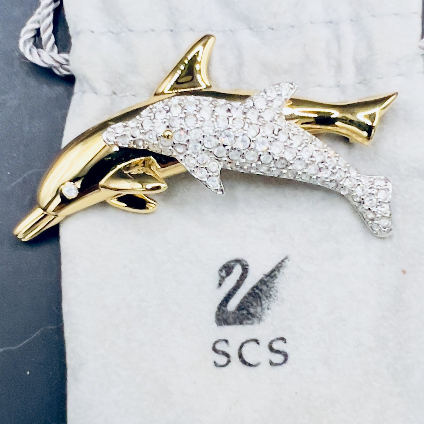 Vintage Swarovski Rhinestone Brooch Pin Dolphins Swan logo Preowned