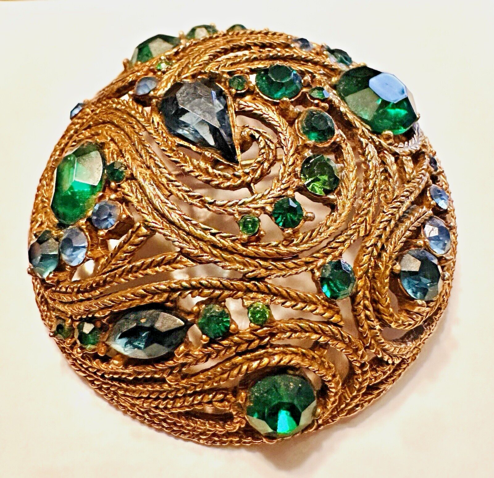 Vintage Statement MCM LA ROCO Circular Green Blue Rhinestone Brooch