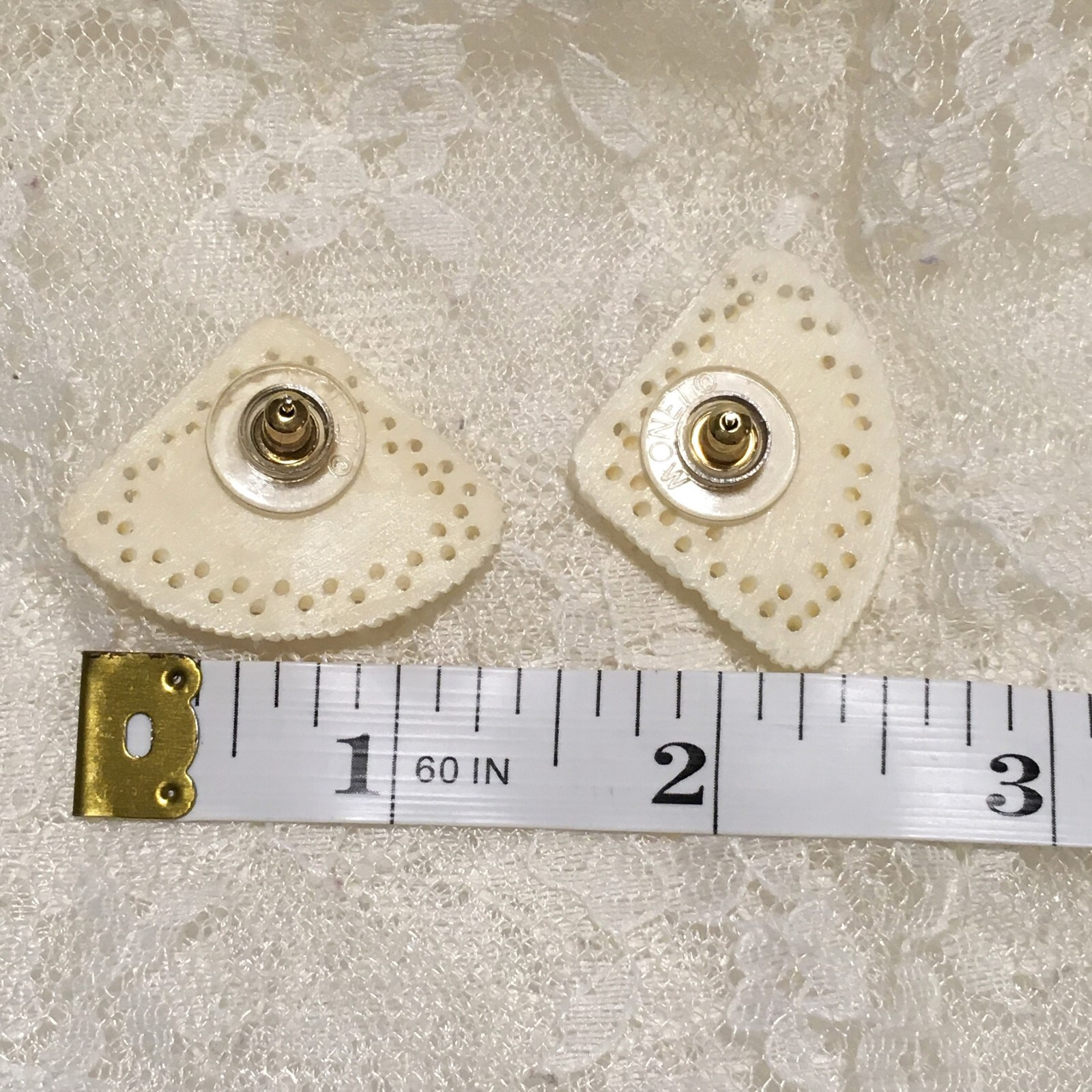 Vintage Mid Century Carved Celluloid Off White Earrings Floral intricate Elegant