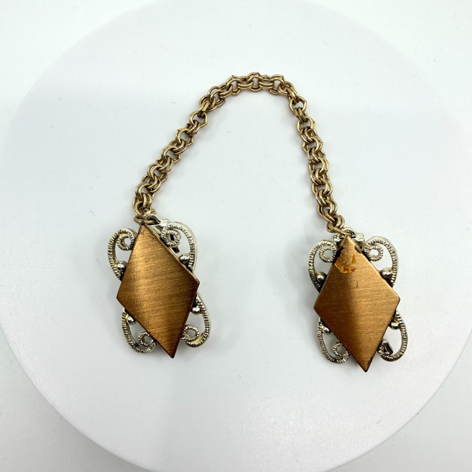 Vintage Mid-Century Two Tone Geometric Lozenge Sweater Guard Cardigan Clip Chain