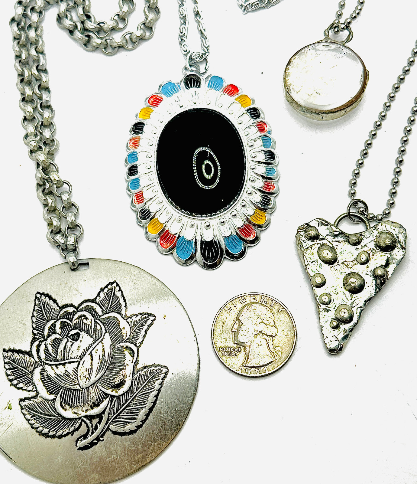 Lot 4 Aluminum Eloxal Vtg Necklaces – Germany, Artisan, Pool of Light Silver Tn