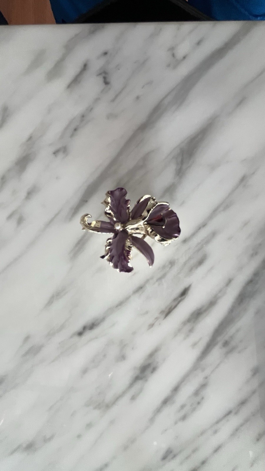 Vintage Purple Enamel Orchid Brooch & Screw Back Earrings Set w/ Box