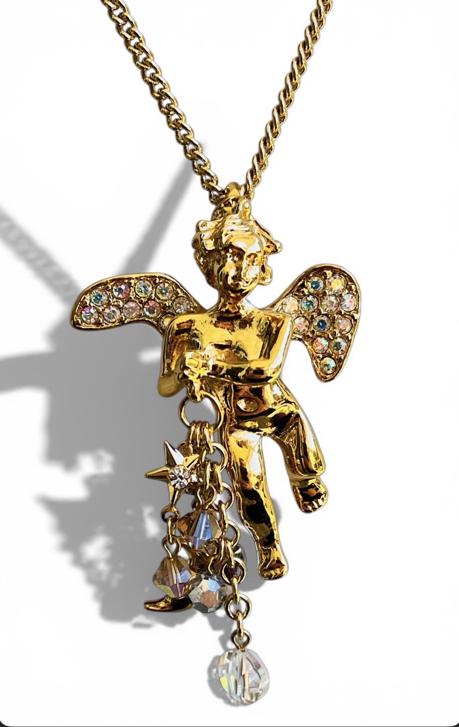 Vintage Signed Kirk’s Folly Angel Cherub Glass Dangle Gold Tone Necklace 28”