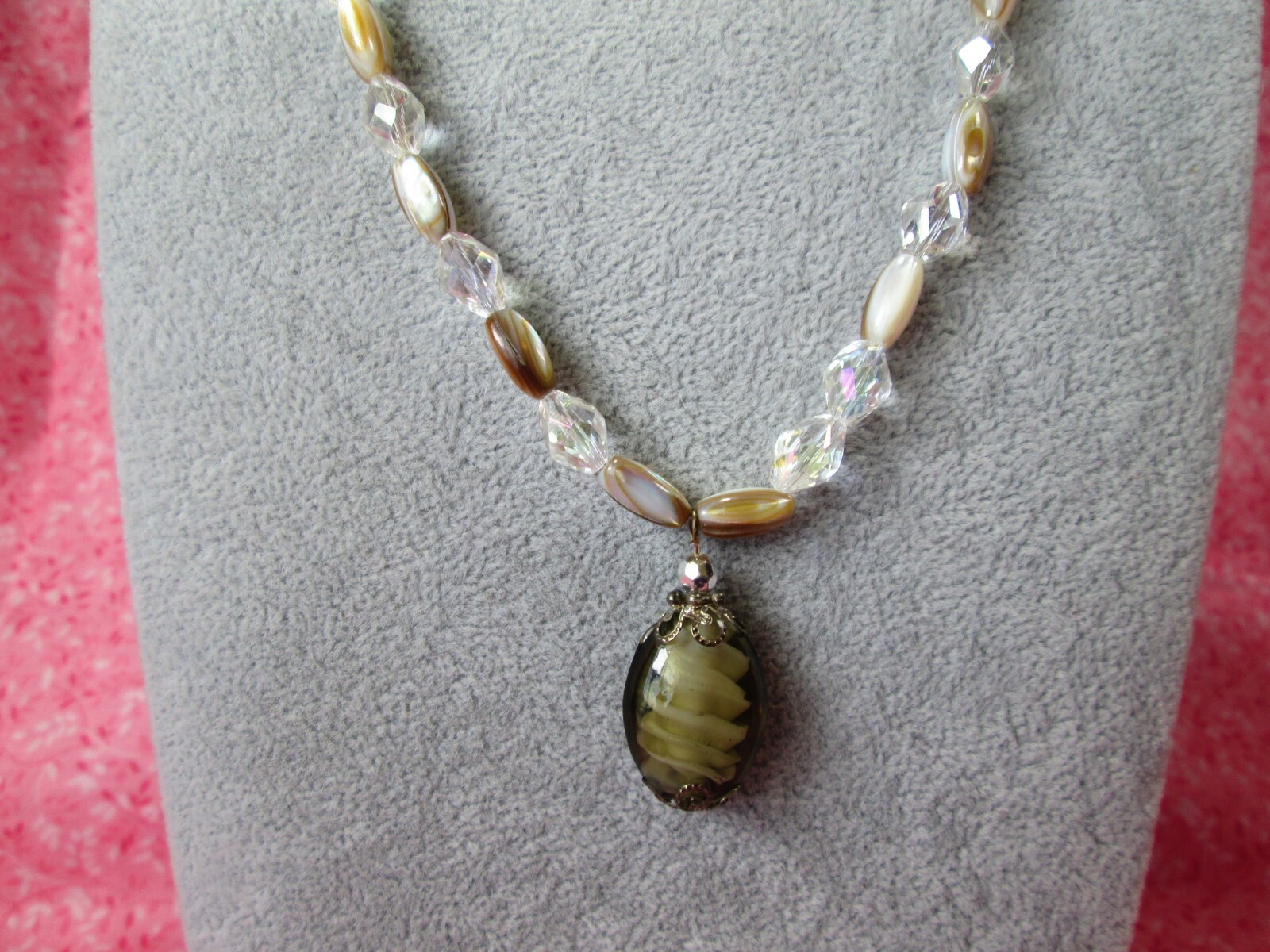 Glass Shell & Acrylic Bead Pendant Necklace 23″ / Neutral Tones & Clear / F
