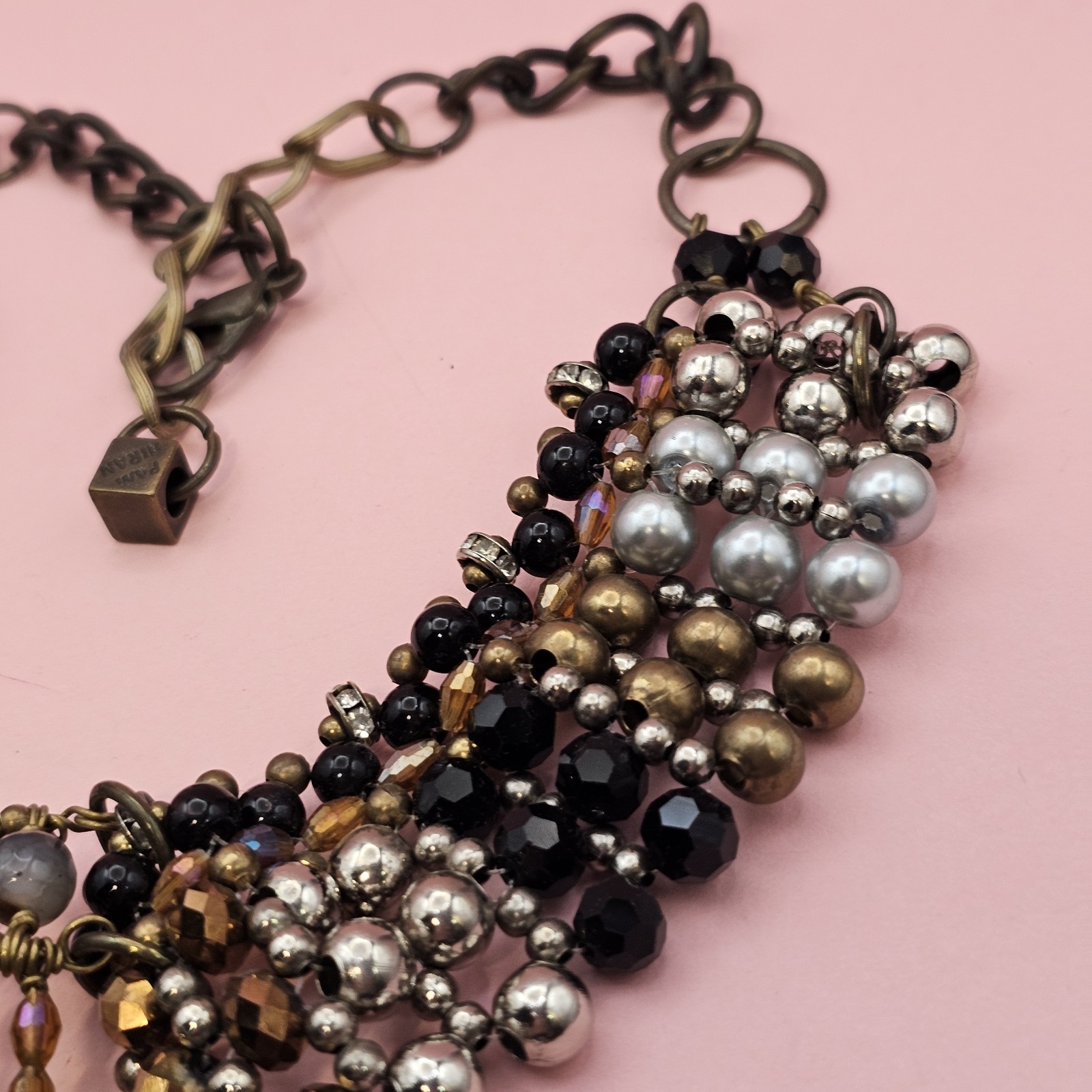 PAM HIRAN Statement Bib Necklace Mixed Bead Collar Brass Tone Chunky Boho Glam
