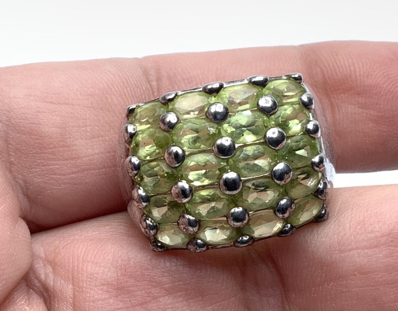 DBJ 925 Sterling Silver Rhodium Peridot 5 Row Wide Cigar Band Ring ~ Sz. 8
