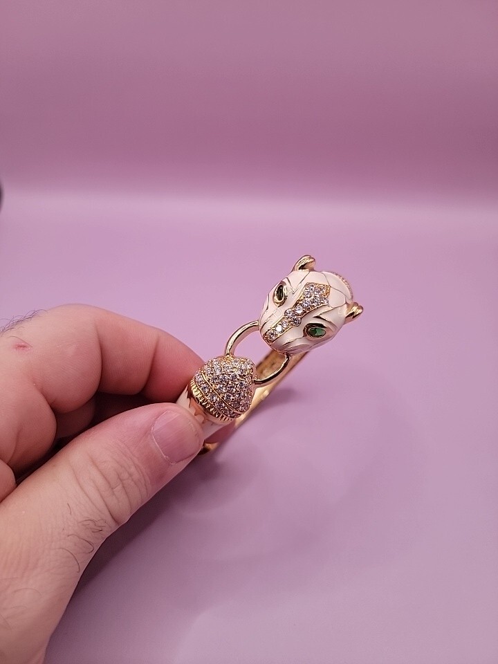 Vintage NOIR Ivory Enamel and Gold Tone PANTHER Head Clamper Bracelet