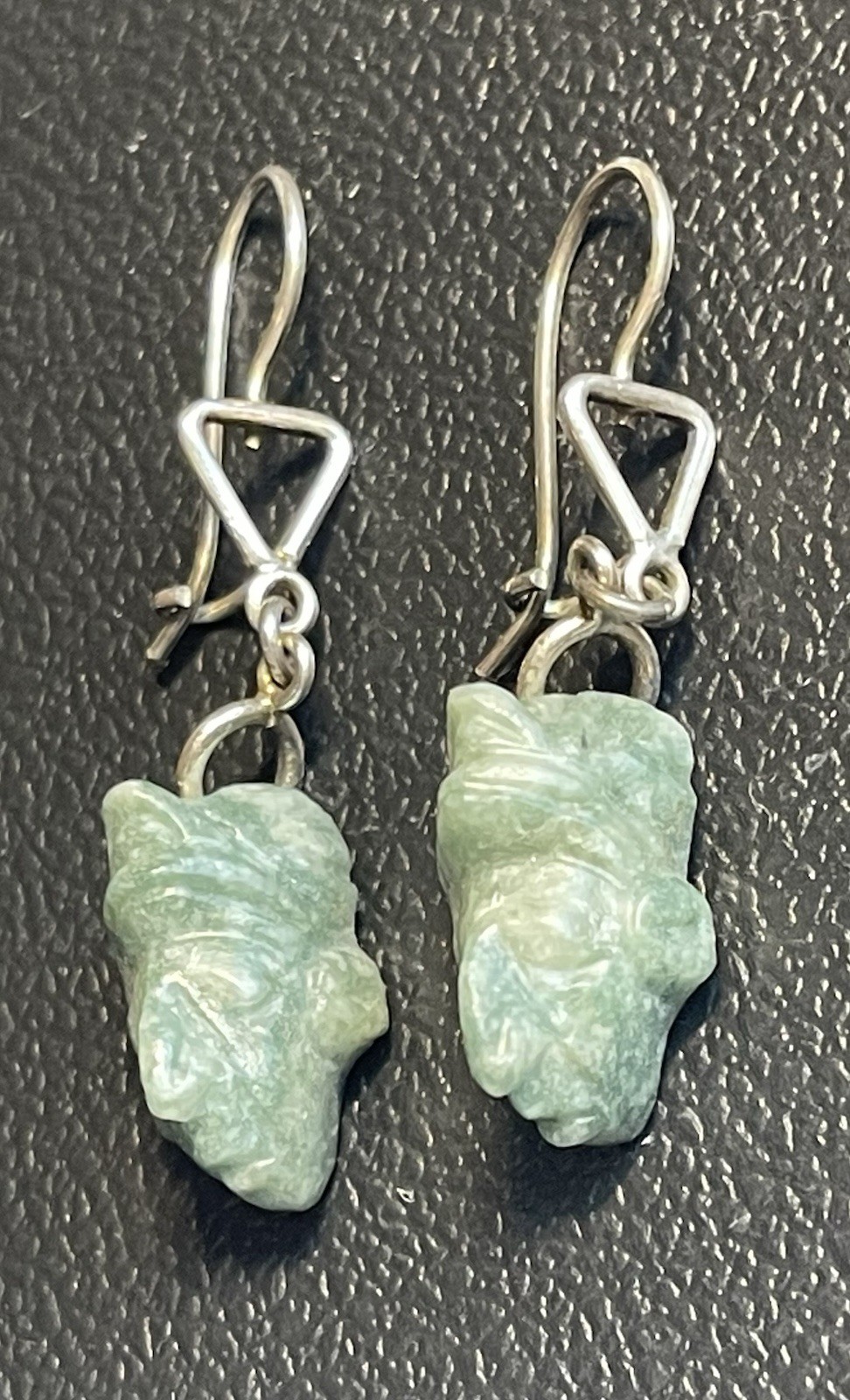 Vintage Mayan Aztec Mask Head Dangle Earrings Green Face Jade (?) Stone Silver