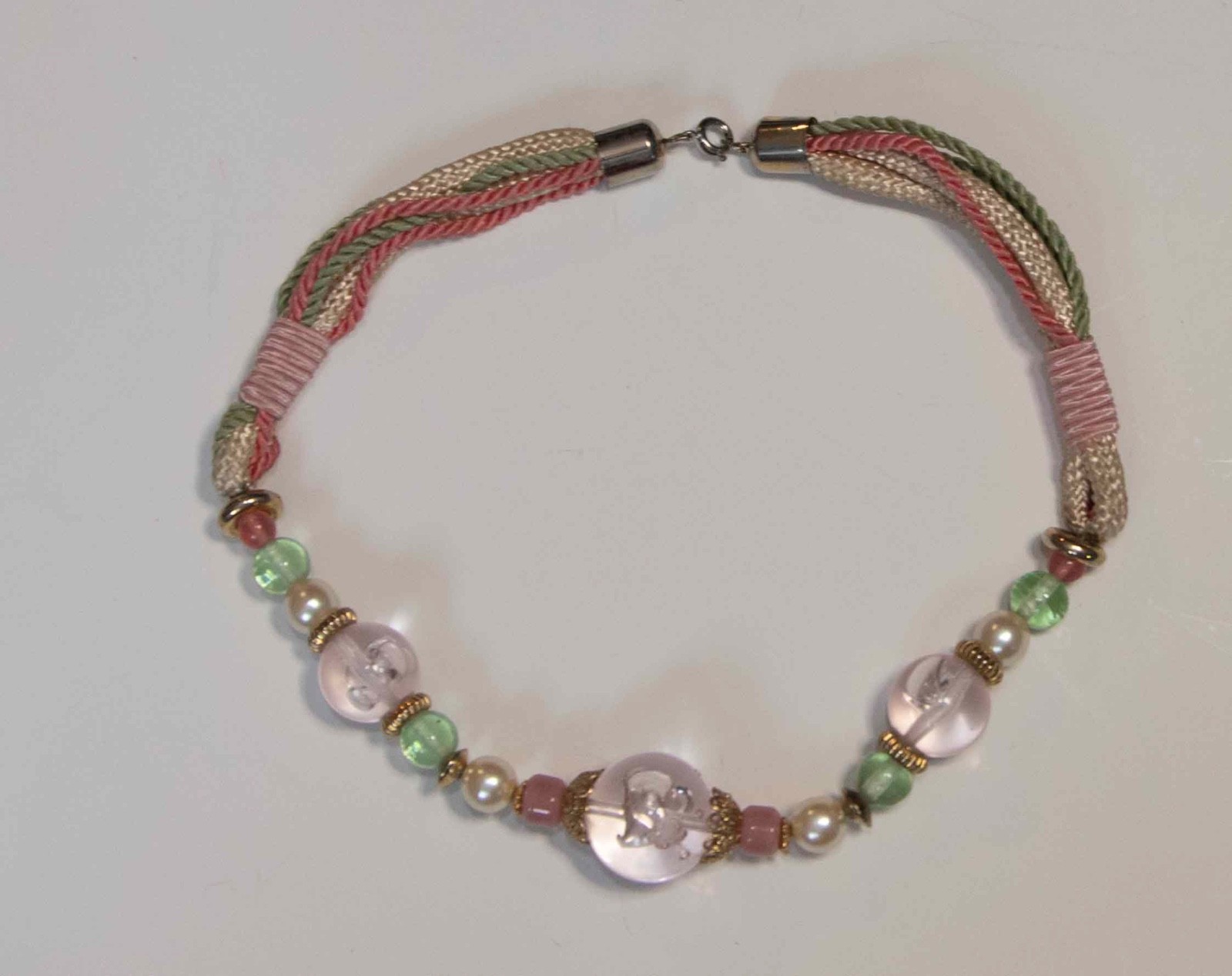 vintage pink and green glass bead necklace with a braided cord band J012