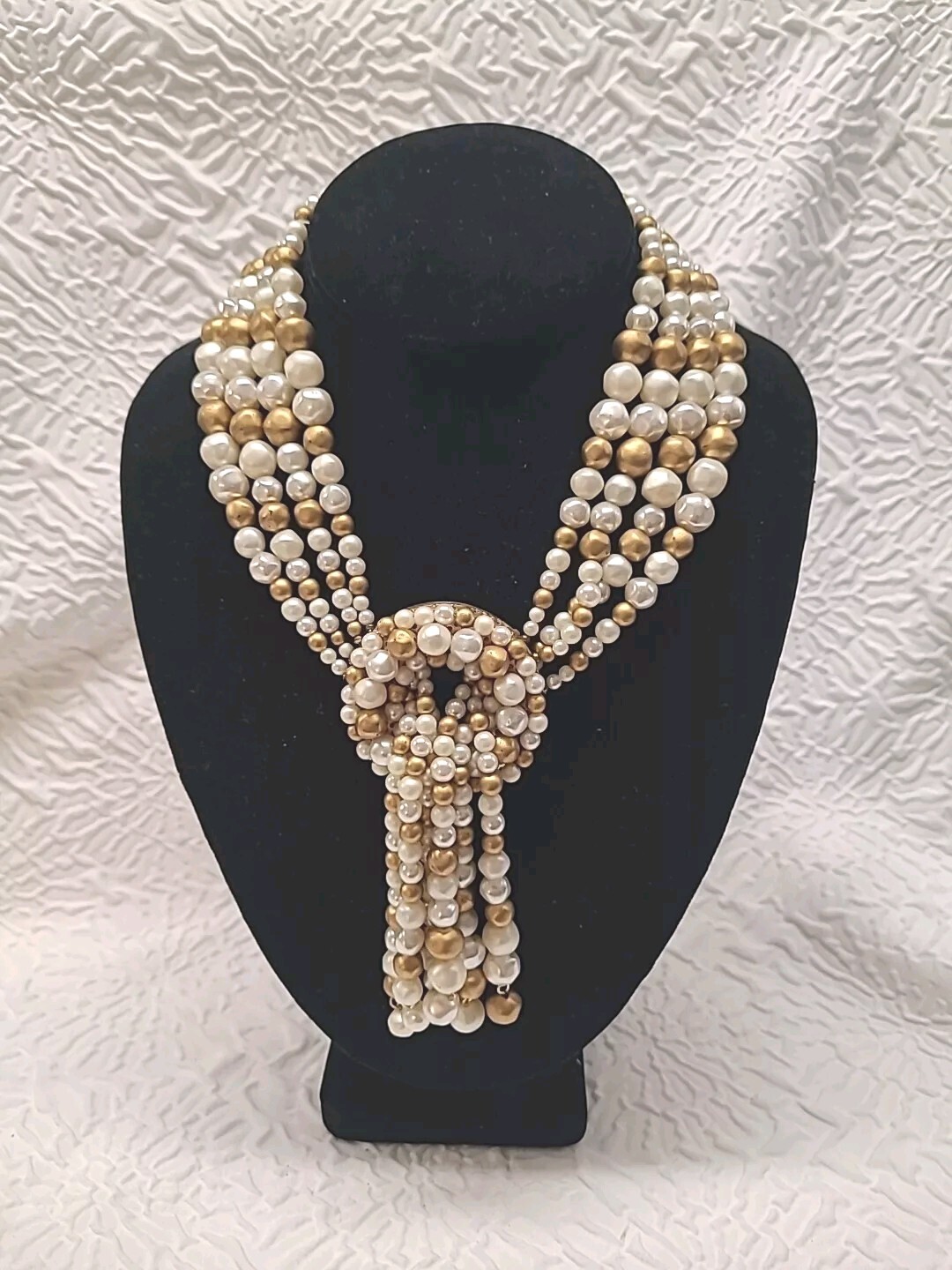 VINTAGE MULTI STRAND PEARL NECKLACE WITH DANGLES GOLD SILVER AND IVORY