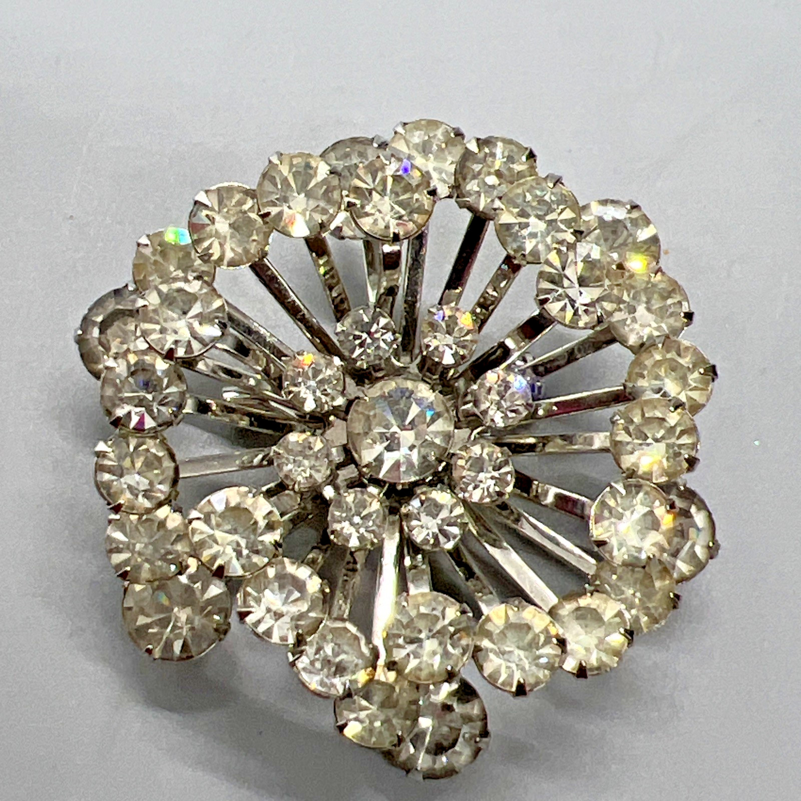 Vintage Rhinestone Starburst Brooch Clear Silver Tone Cluster Dimensional Large