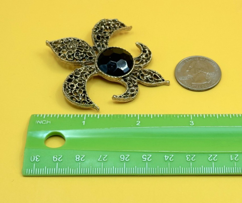 Gold Tone & Black Faceted Acrylic Stone Fleur De Lis Brooch Vintage