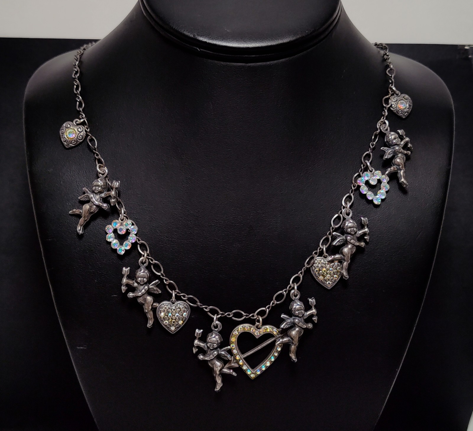 Lovely Vtg signed TOP SHELF JEWELRY AB Rhinestone Angel Design Silver Necklace