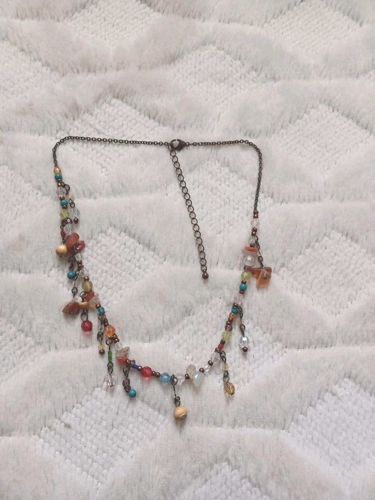 Vintage Y2K Early 2000’s Multicolor Beaded Fringe Bronze Tone Chain Necklace