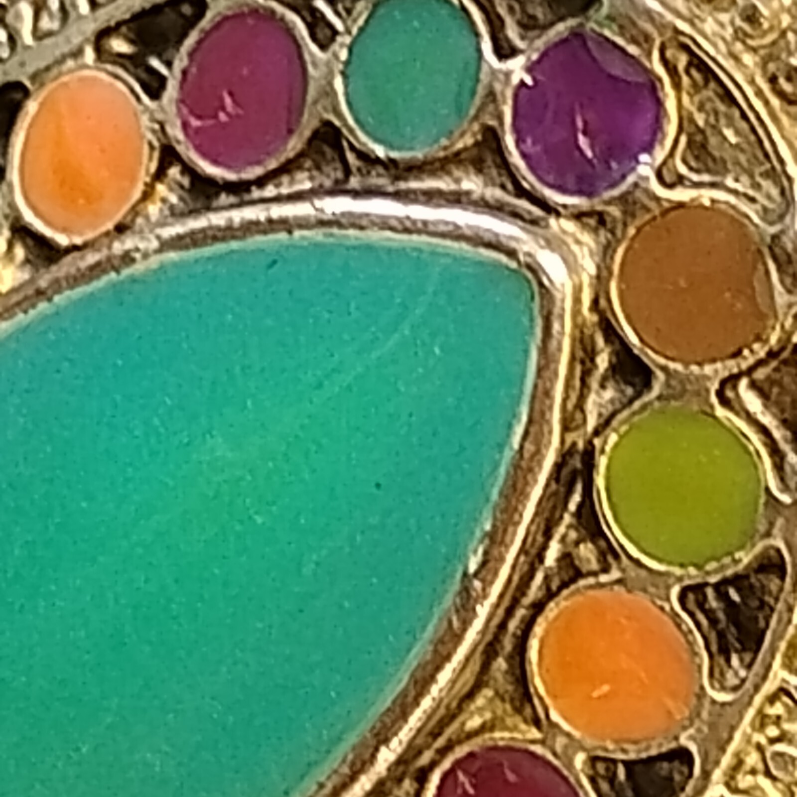 Vintage Stretch Band Ring Colorful Circles Green Oval Shape Enamel ? Jewelry Art
