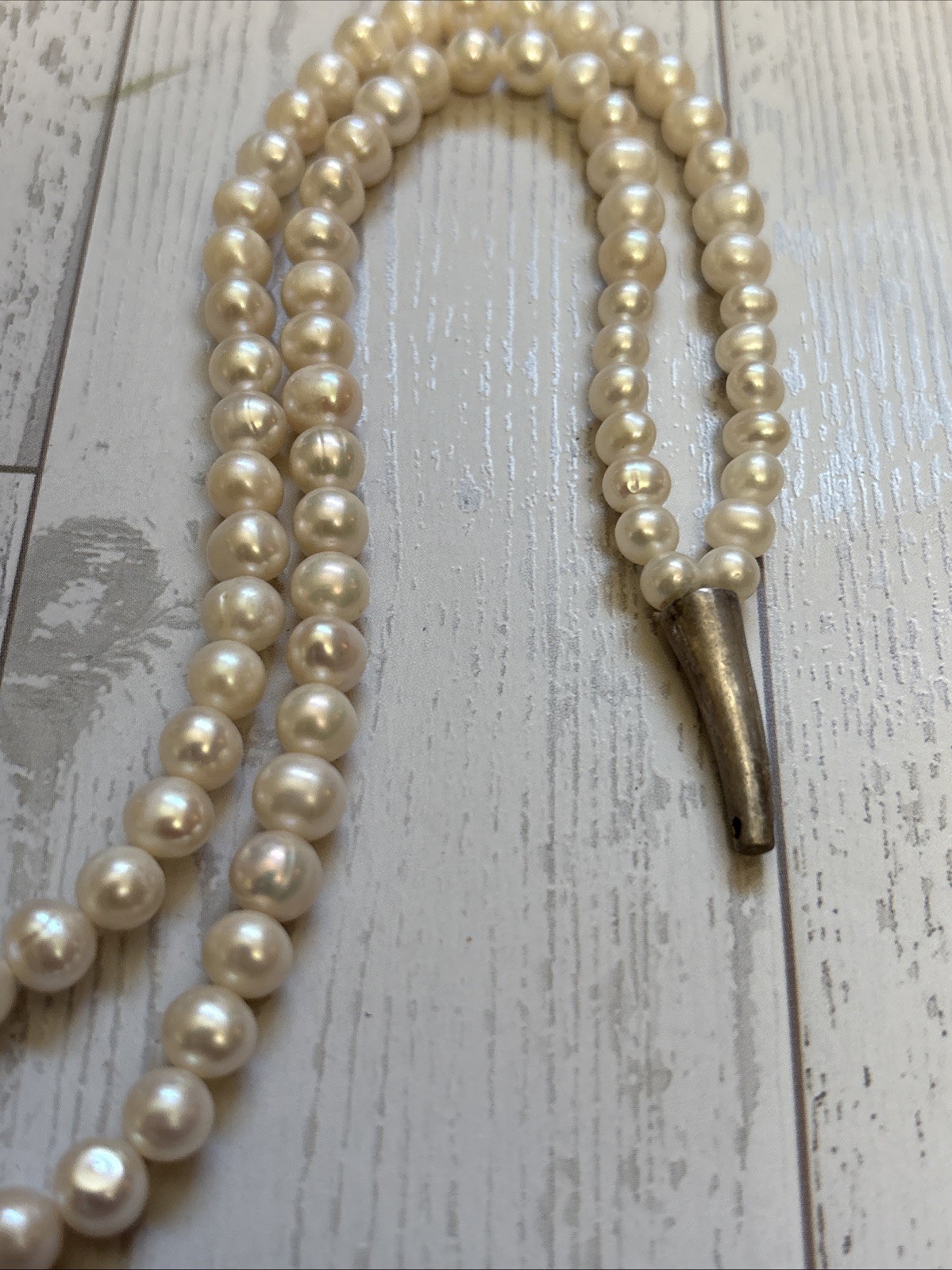 Vintage Double Strand Genuine Pearl Necklace 925 Sterling Silver Cone Hook Clasp