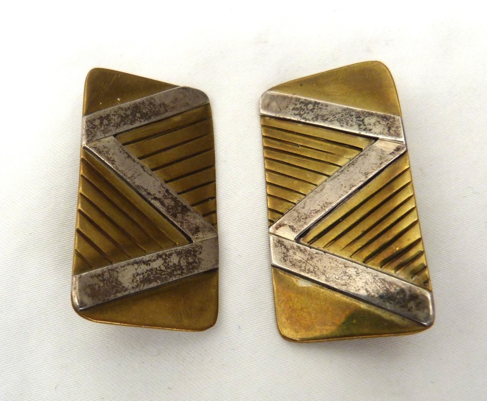 1 5/8″ VINTAGE PHYLLIS WOODS MIXED METAL STERLING SILVER BRASS ARTISAN EARRINGS