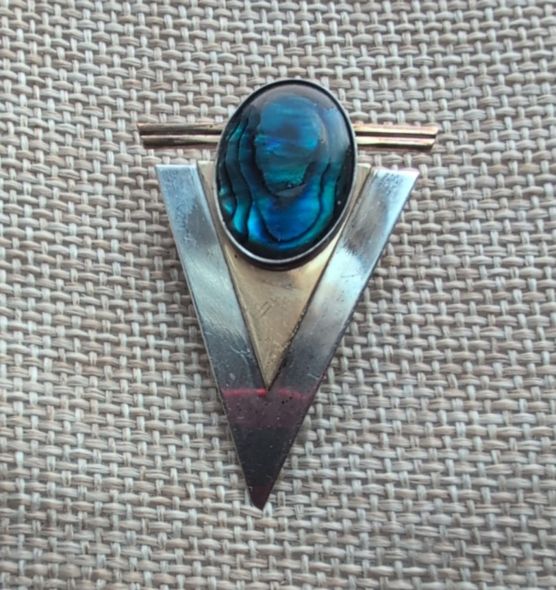 Vintage Geometric Modernist Brooch Triangle Abalone Sterling Mixed Metal